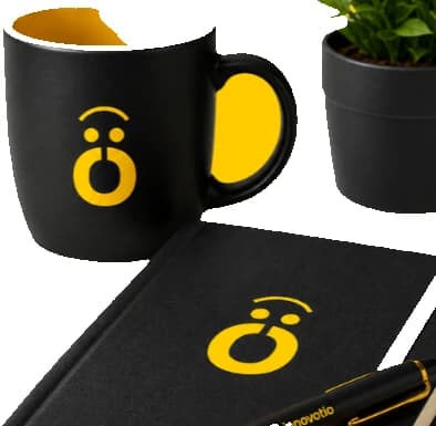 Innovotio-branded mug and notebook